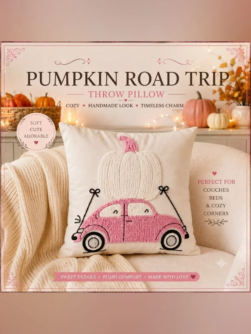 Pumpkin Road Trip Pink Throw Pillow With Insert